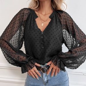 Boho Black Swiss Dot Button Ruffle Sleeve Sheer Top